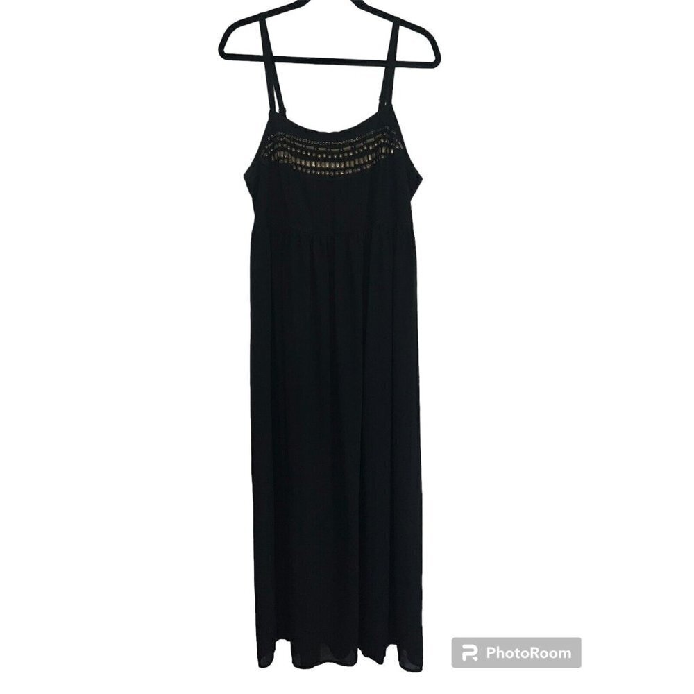 TORRID Maxi Dress Chiffon Lined Brass Look Beads Adjustable Straps Black 1X (1C)